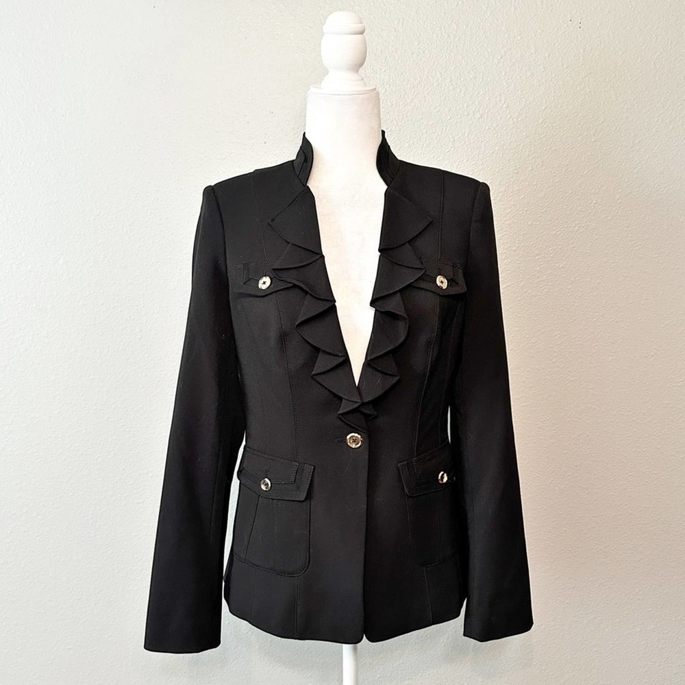 WHBM Black Pleated Collar Gold-tone Button Military Blazer Jacket Women’s Size 4